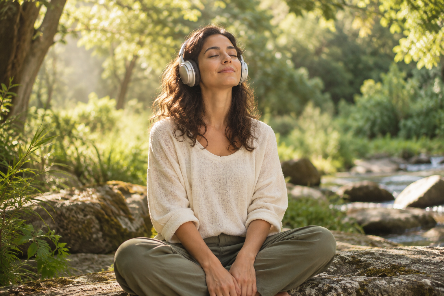 Calm person meditating with headphones in a natural setting